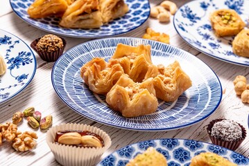 Baklava dessert with nuts.