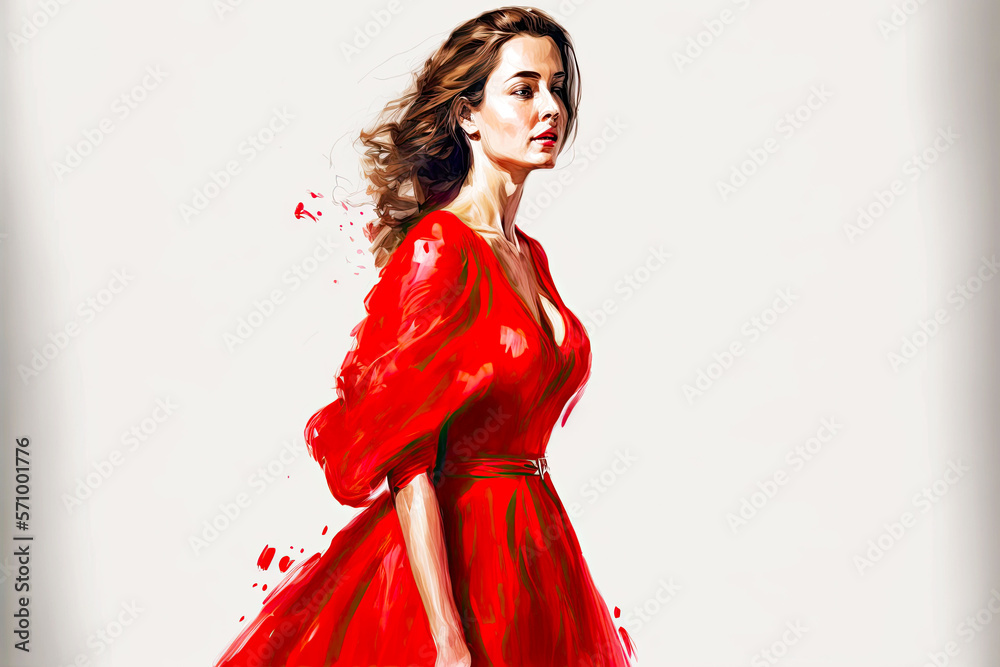 Canvas Prints young woman in red dress isolated on white background, generative ai