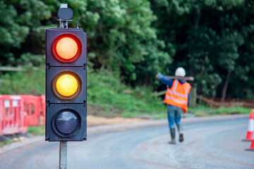 Close-up of temporary portable traffic signal  installed for road works