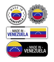 Set of Made in Venezuela labels, logo, Venezuela Flag, Venezuela Product Emblem