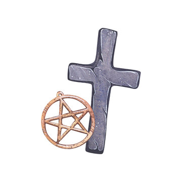 Pendant of a golden pentagram with a cross. Hand drawn watercolor illustration isolated on white background.
