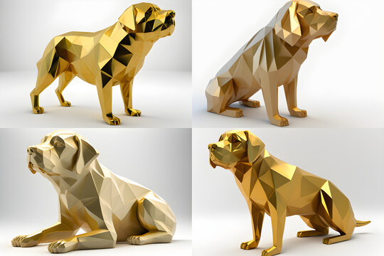 AI Generated, Animal chinese zodiac (with others) in 3D low poligon model with gold color material on the white background.