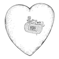 Heart-shaped pattern for coloring book. Black and white heart with a patch of hope. Valentine's Day present.