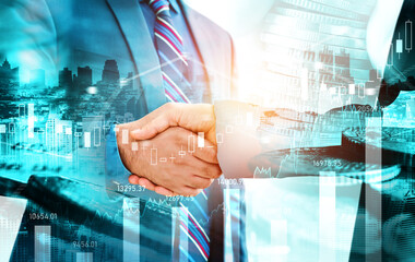 Business handshake on finance prosperity and money technology asset background . Economy and...
