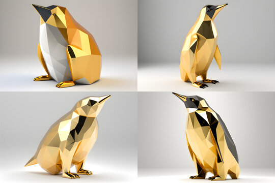 AI Generated, Animal chinese zodiac (with others) in 3D low poligon model with gold color material on the white background.