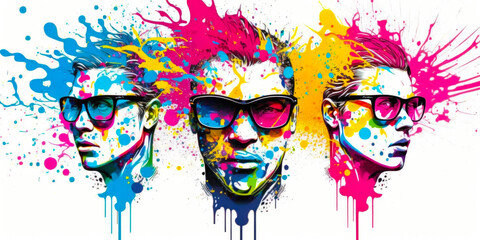 Colorful splashes in three different variants and colors with male faces. Generative AI