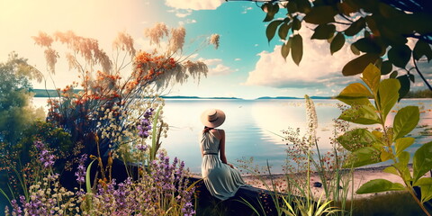    Romantic young woman sit on boat at beach ,blue sky and summer flowers and herbs and trees   painting art impressioniam painting illustration - obrazy, fototapety, plakaty