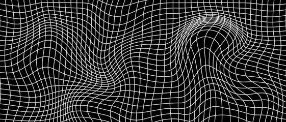 Abstract black and white striped grid background. Geometric pattern with the effect of visual distortion. Optical illusion. Op art. Vector EPS 10
