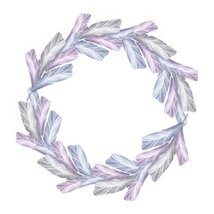 Fototapeta na wymiar Festive wreath in pastel colors. Gray shades. Hand drawn watercolor illustration isolated on white background.