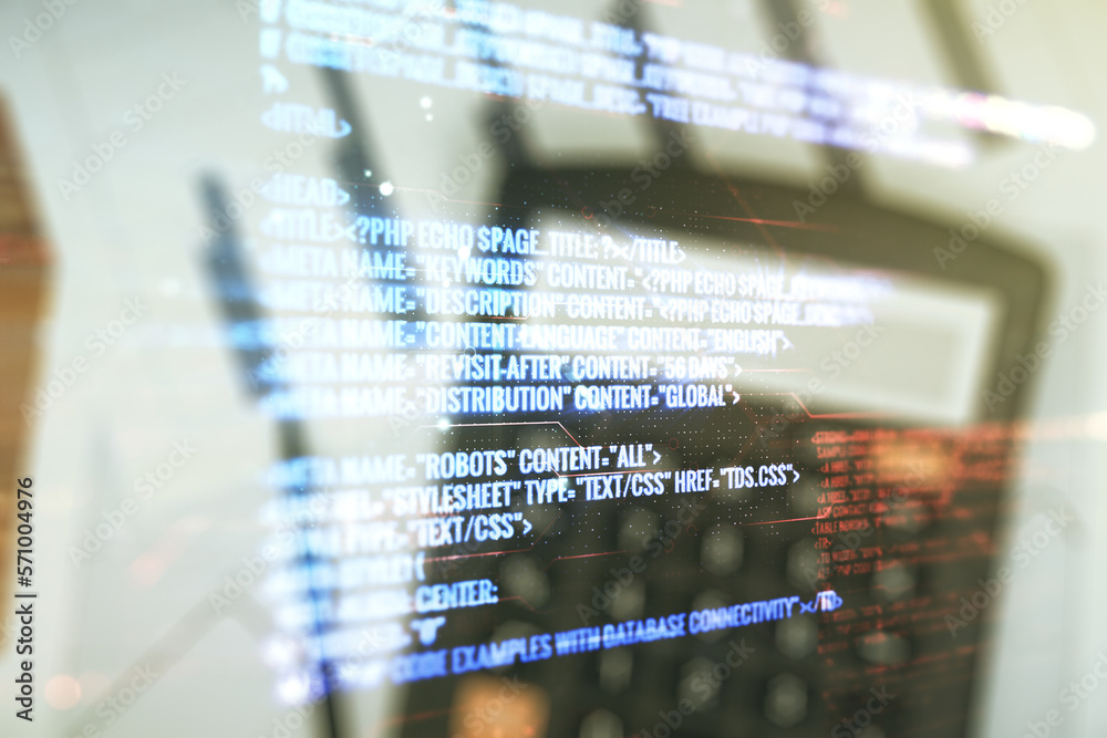 Poster multi exposure of abstract programming language hologram on calculator and papers background, artifi