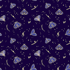 Butterflies, moths and flowers on a dark violet background. Seamless vector pattern for textiles, wrapping, scrapbooking.