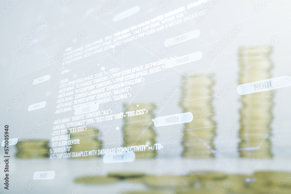 Aufkleber abstract virtual coding illustration on coins background, software development concept. multiexposur