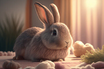 Rabbit on a table, easter. Generative AI.