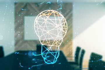 Abstract virtual light bulb illustration on a modern coworking room background, future technology concept. Multiexposure
