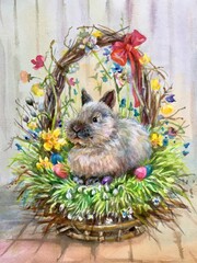Watercolor little white rabbit. Decorative  eggs blue, purple, red. Template for designs , card, wallpaper.