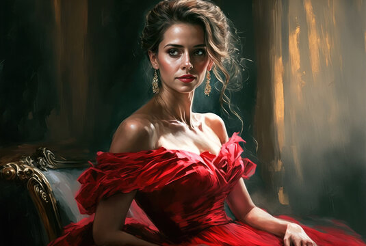 A Portrait of an attractive woman in a red elegance dress. Created with Generative AI, no one recognisable. Not a real person.