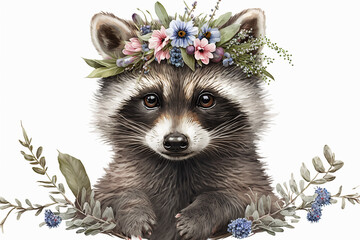 Baby raccoon with a crown of flowers watercolor, Generative AI - obrazy, fototapety, plakaty