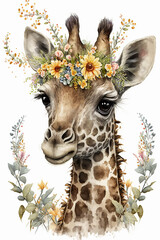 Baby giraffe with a crown of flowers watercolor, Generative AI - obrazy, fototapety, plakaty