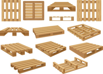 Warehouse pallet. Wooden containers for stacking shopping products recent vector illustrations isolated - obrazy, fototapety, plakaty