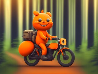 Cute Orange on Motorcycle, Generative AI Illustration