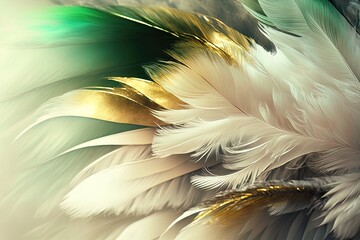 Naklejka premium Soft and fluffy background, bird feathers, green and gold pastel colored feathers. AI