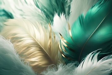 Soft and fluffy background, bird feathers, green and gold pastel colored feathers. AI