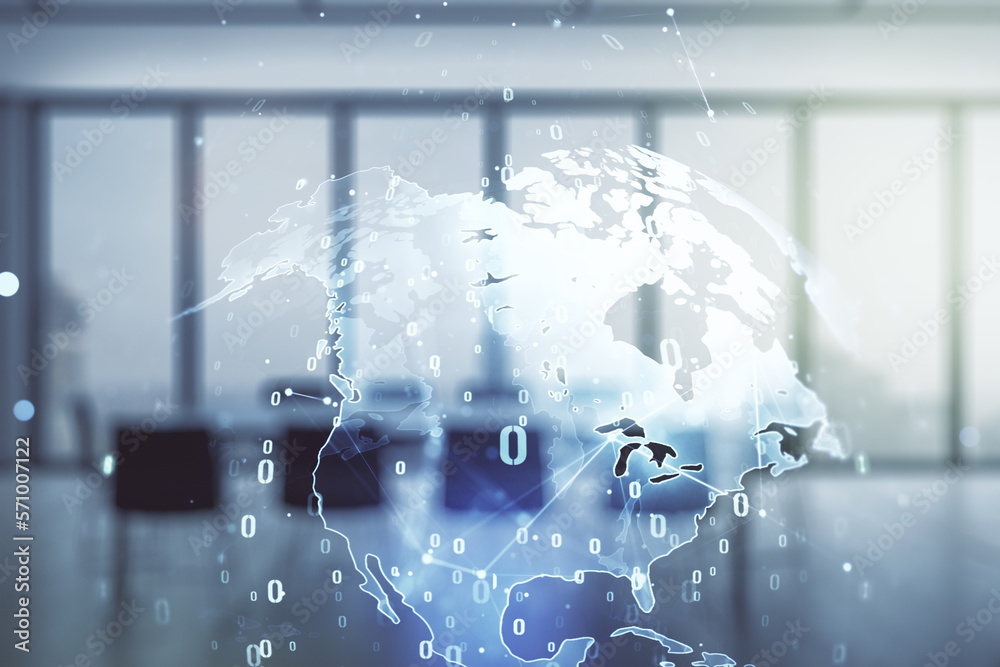 Poster multi exposure of abstract programming language hologram and world map on a modern furnished office 