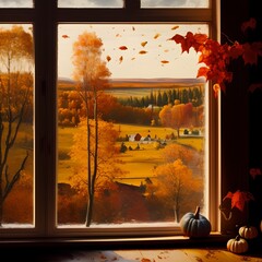 View from Window of Autumn Landscape, Generative AI Illustration