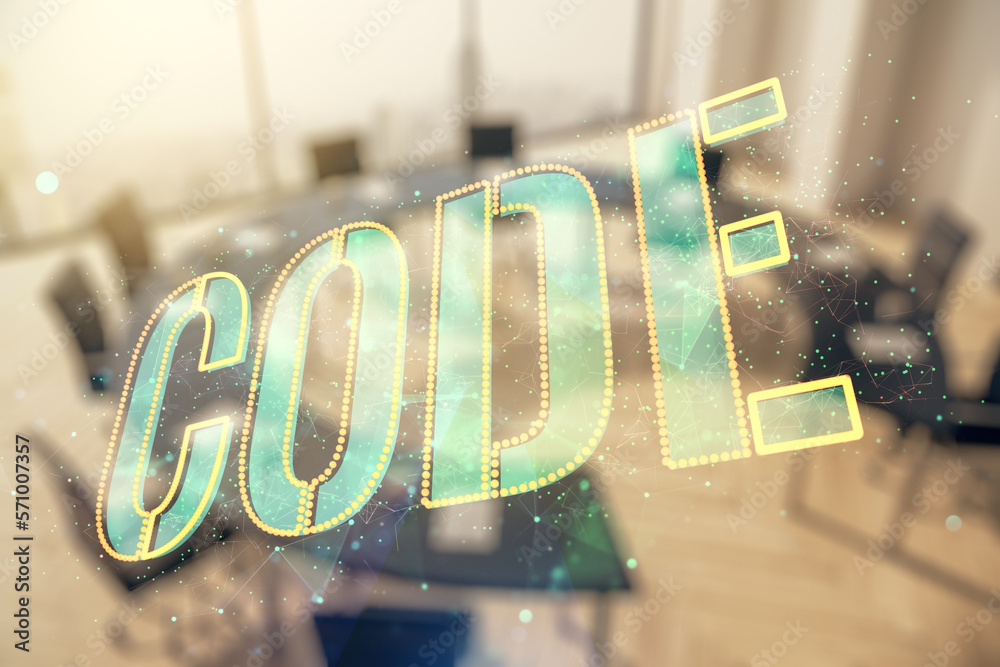Aufkleber code word hologram on a modern meeting room background, artificial intelligence and neural networks 