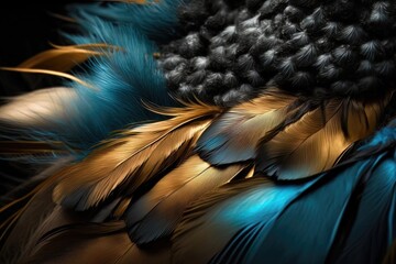 Obraz premium Soft and fluffy background, bird feathers, blue and gold feathers. Neon background. AI