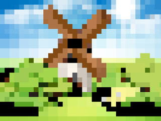 Windmill. Realistic outdoor background with windmill hills and grass field decent vector template