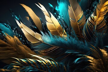 Obraz premium Soft and fluffy background, bird feathers, blue and gold feathers. Neon background. AI