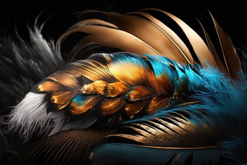 Soft and fluffy background, bird feathers, blue and gold feathers. Neon background. AI