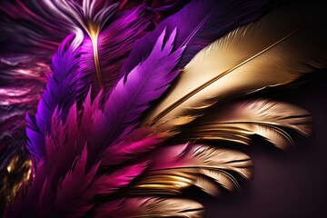 Soft and fluffy background, bird feathers, magenta and golden feathers. Neon background. AI