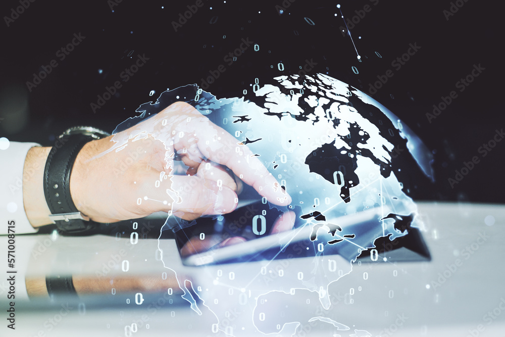 Aufkleber multi exposure of abstract graphic coding sketch with world map and hand working with a digital tabl