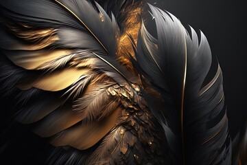 Soft and fluffy background, bird feathers, black and gold feathers. AI