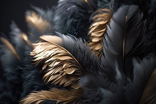 black and gold feathers background as beautiful abstract wallpaper