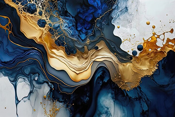 Blue and gold luxury liquid paint art background. AI