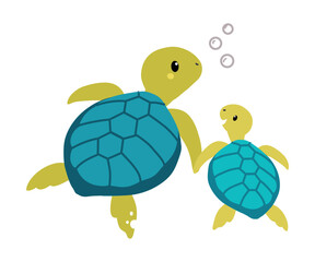 Mom and baby turtles. Cute mom turtle holding hand her baby cartoon vector illustration