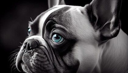 Tier Color-Key-Effekt: Schwarz-weiß Foto von einer französischen Bulldogge mit blauen Augen - Generative Ai