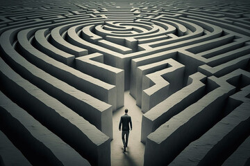 Man walking into big labyrinth - finding solution concept. generative AI