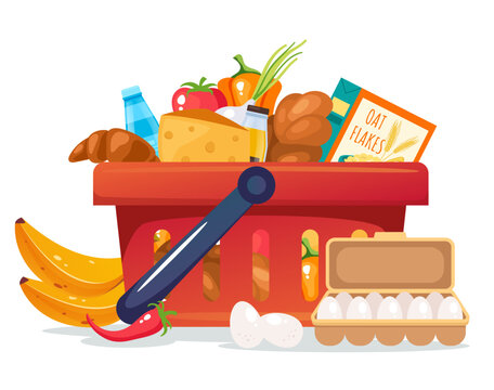 Grocery basket food shop product supermarket full cart concept. Vector graphic design illustration
