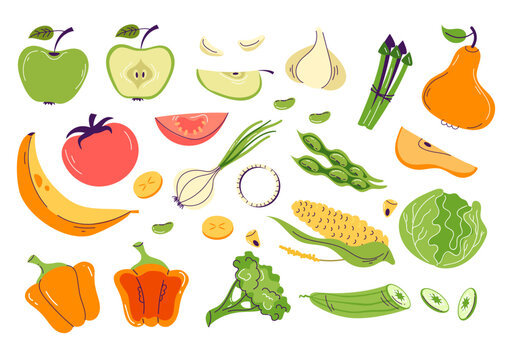 Vegetable fruit icon doodle line art outline drawing isolated set. Vector graphic design illustration