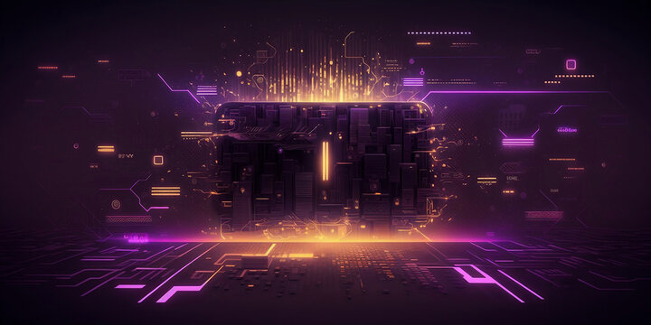 Futuristic abstract background. Wide horizontal screen banner. Computer technology, artificial intelligence science presentation. Monochromatic screen. Texture and grunge graphic design. Generative AI
