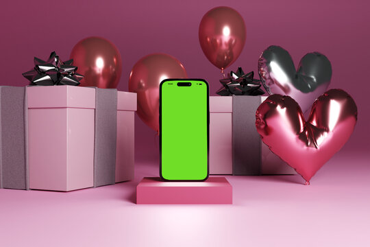 3d render illustration iphone phone mobile apple 14 mockup isolated infinity background stage podium minimalistic premium diagonal view valentine love heart gift box pink red couple surprise pro