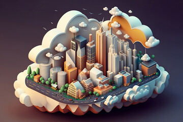 Cloud computing concept. Smart city wireless internet, isometric. Illustration of a city technologically supported by data entered in the cloud. The flow of information between. Generative AI.