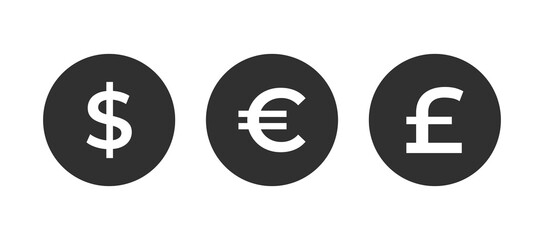 Euro dollar pound symbol icon in black circle. Coin isolated on white background. Vector illustration. Euro Vector pictogram