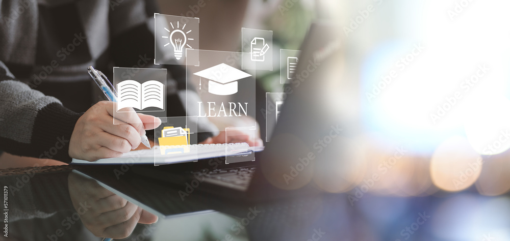 Poster Concept of Online education. man use Online education training and e-learning webinar on internet for personal development and professional qualifications. Digital courses to develop new skills.