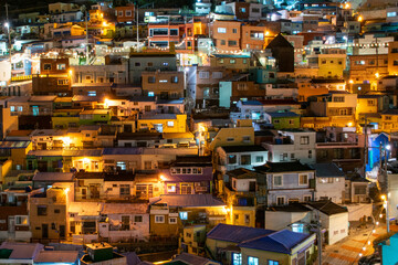Colorful houses of Gamcheon Culture Village at night in Busan, South Korea
