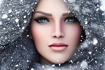 Portrait of a beautiful young woman girl looking at camera in winter hood.
Outdoors snowing. On a cold winter day with snowflakes falling. Close up. Generative Ai.
